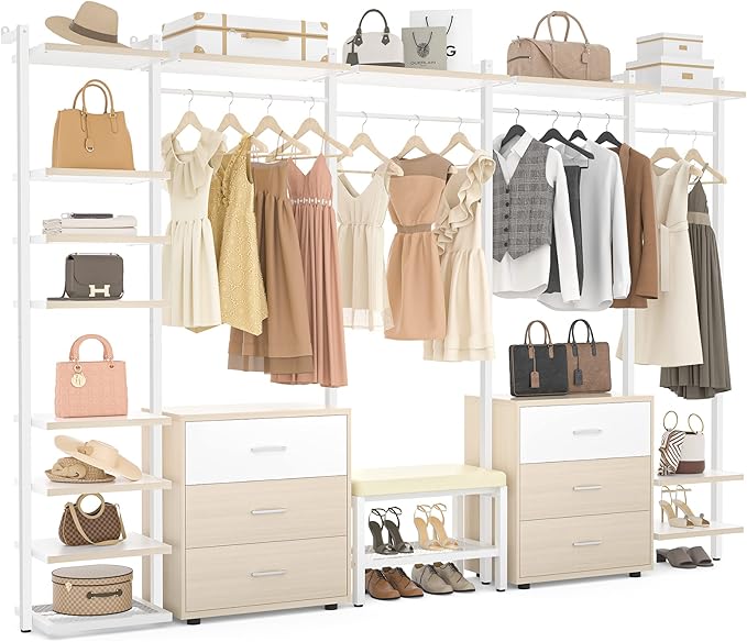 Aheaplus Clothing Rack Heavy Duty Closet Organizer for Hanging Clothes, Large Wall Mounted Garment Rack Clothes Rack with 6-Drawers for Wardrobe, Bedroom and as Walk-in Closet System, Natural+White