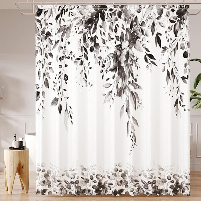Black Eucalyptus Leaves Shower Curtain for Bathroom:Aesthetic Art Watercolor Plant Shower Curtains Sets with Hooks,Waterproof Fabric Decor 60x72 inches.