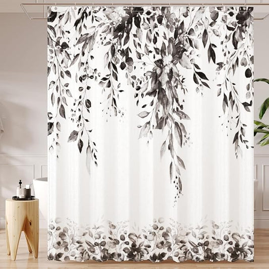 Black Eucalyptus Leaves Shower Curtain for Bathroom:Aesthetic Art Watercolor Plant Shower Curtains Sets with Hooks,Waterproof Fabric Decor 72x84 inches.
