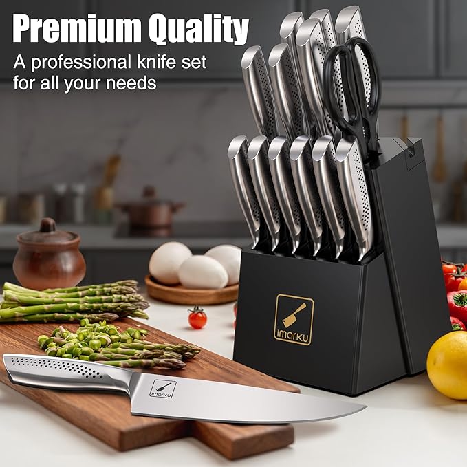 imarku® Kitchen Knife Set, 15 Pcs Japanese Knife Set with Block, Premium Razor-Sharp Chef Knives Set for Kitchen with Sharpener, Rust-Proof, Ergonomic Full-Tang Handle, Black
