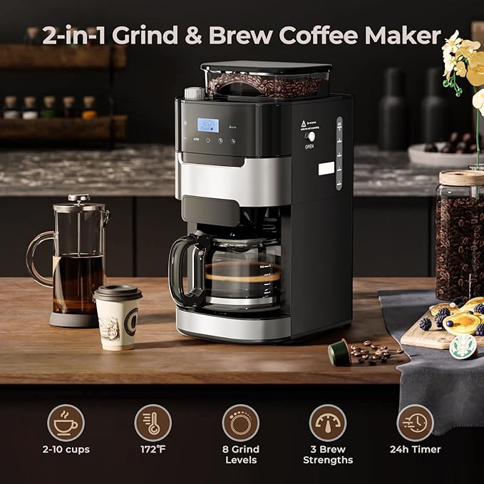 Drip Coffee Maker with Grinder Built In, 10-Cup Grind and Brew Coffee Machine Fully Automatic, Programmable with Brew Strength, Permanent Filter, Glass Carafe, 50oz Water Tank, Ideal for Home/Office