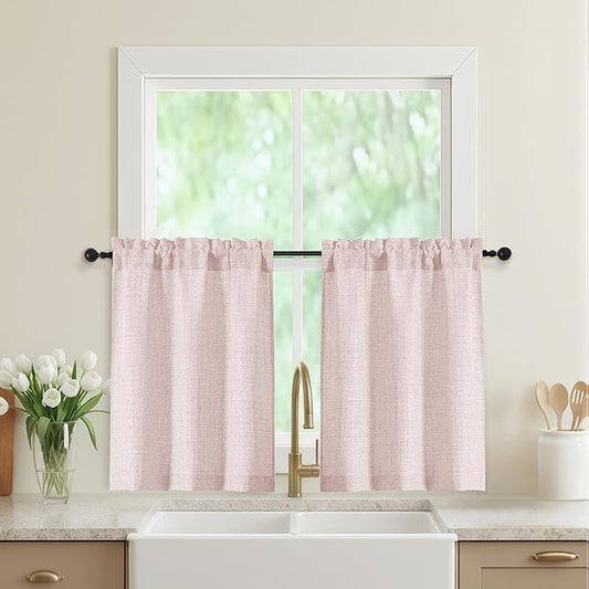 Blush Pink Kitchen Curtains 30 Inch Length 2 Panels, Light Filtering Farmhouse Linen Textured Small Short Curtains Over Sink, Half Curtain Tiers for Cabinet Bathroom Cafe Basement, 30"Wx30"L