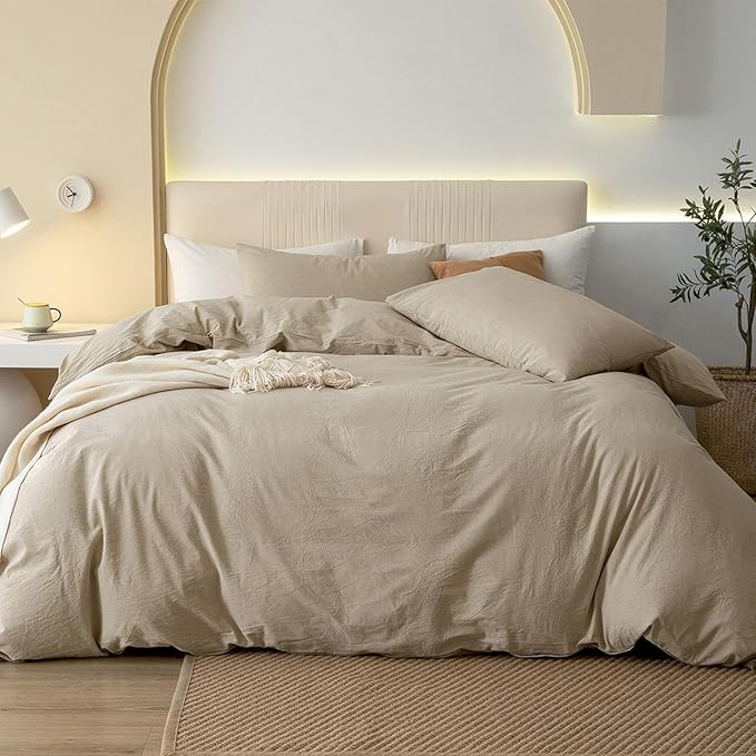 JIYUAN 100% Washed Cotton Duvet Cover Set 3 Pieces Oversized King, 1 Duvet Cover 120x98 Inches(Comforter Not Included) and 2 Pillowcases,Linen Feel Bedding Set Comfy and Breathable, Heathered Tan