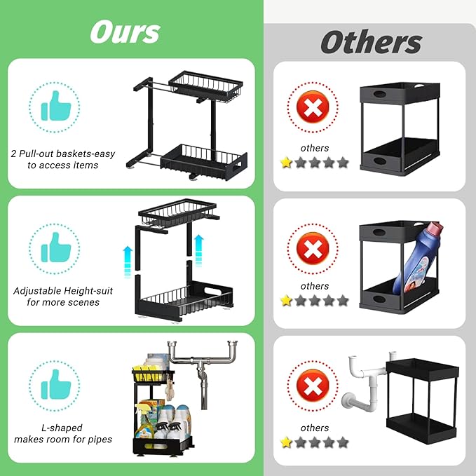 ADBIU Under Sink Organizer(10 Seconds Installation), 2 Packs 2 Tier Expandable Height (11" - 16") Bathroom Kitchen Organizers And Storage
