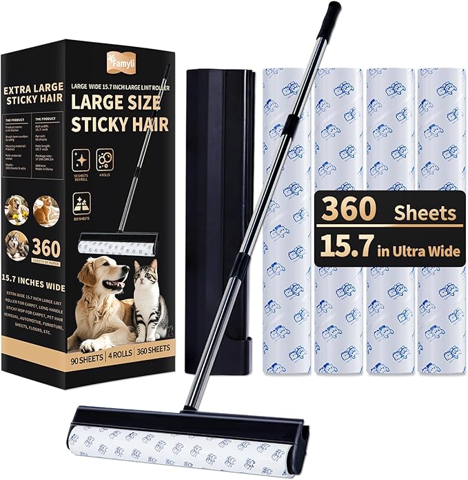Large Lint Rollers for Carpet, 15.74 in Extra Sticky Rollers for Floor with 4 Extendable Handle, Long Handle Sticky Mop for Cleaning Carpet, Car, Clothes,Dog and Cat Pet Hair Remover with 360 Sheets