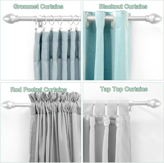Curtain Rods for Windows 16 to 76 inches, Curtain Rod Max Adjustable Length to 88 in, Drapery Rod 1 inch Diameter with Modern Knobs Finials (Satin Silver, 16" to 76" - Set of 1)
