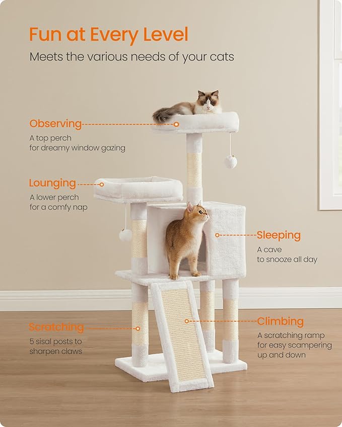 Feandrea Cat Tower, Cat Tree for Indoor Cats, 45.3-Inch Cat Condo with Scratching Post, Ramp, Perch, Spacious Cat Cave, for Kittens, Elderly Cats, Adult Cats, Small Space, Cream White UPCT141W02