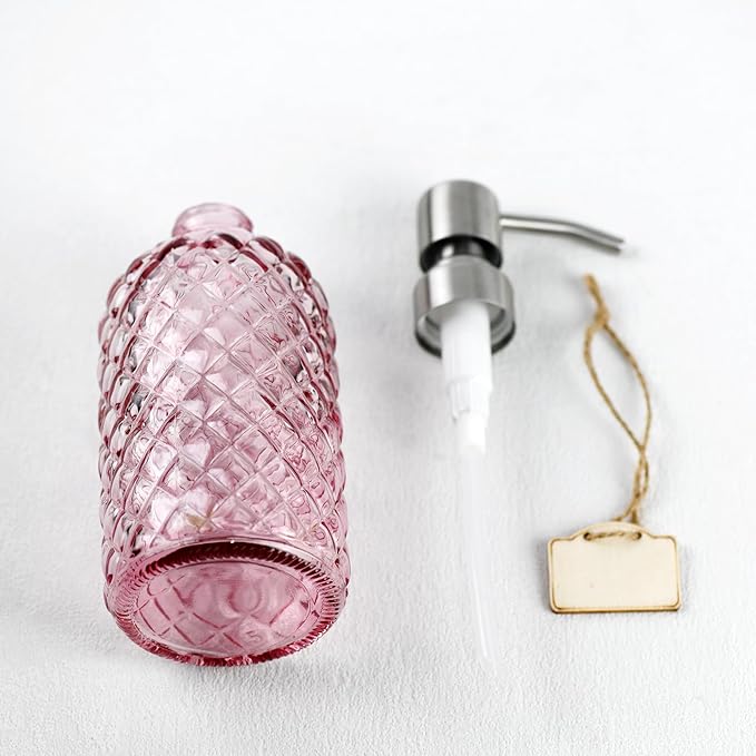 16 oz Soap Dispenser with 304 Rustproof Stainless Steel Pump, Kitchen, Bathroom Refillable Glass Liquid Soap Dispenser for Hand Soap, Soap, Lotion. (Pink-2pack)