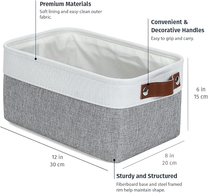 OrganiHaus Small Fabric Storage Baskets for Shelves 3 Pack, 12x08in Closet Storage Bins for Shelves, Canvas Baskets for Organizing, Linen Closet Organizers, Cloth Basket, Gray/Off-White