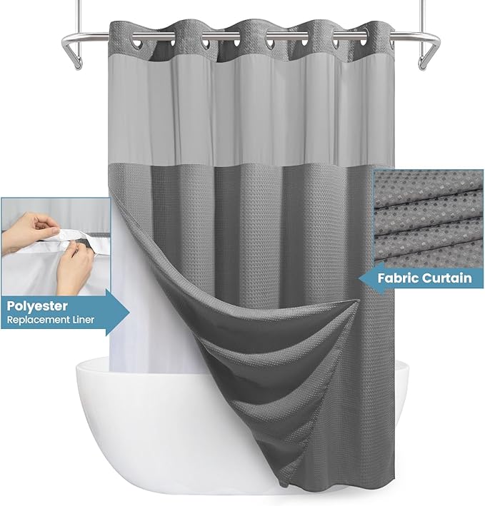 Long No Hook Shower Curtain with Snap in Liner,230GSM Waffle Weave Shower Curtains for Bathroom,71W x 80H(78"),Grey