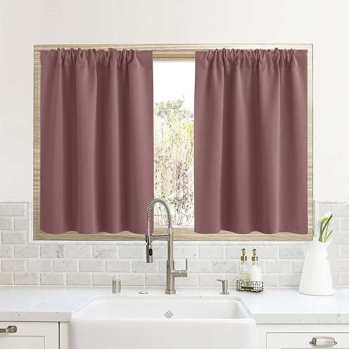 RYB HOME Blackout Curtains for Kitchen, Over Sink Privacy Curtains Window Decor, Thermal Insulating Drapes for Bathroom Cafe Bedroom Small Window, W 42 x L 24 inch, Wild Rose, 2 Panels
