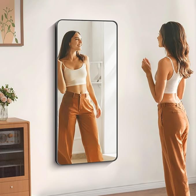 24" x 55"Bathroom Mirror, Matte Black Wall Mirror with Metal Frame, Decorative Rectangular Vanity Mirror for Bedroom Bathroom Living Room Entryway (Horizontal/Vertical)