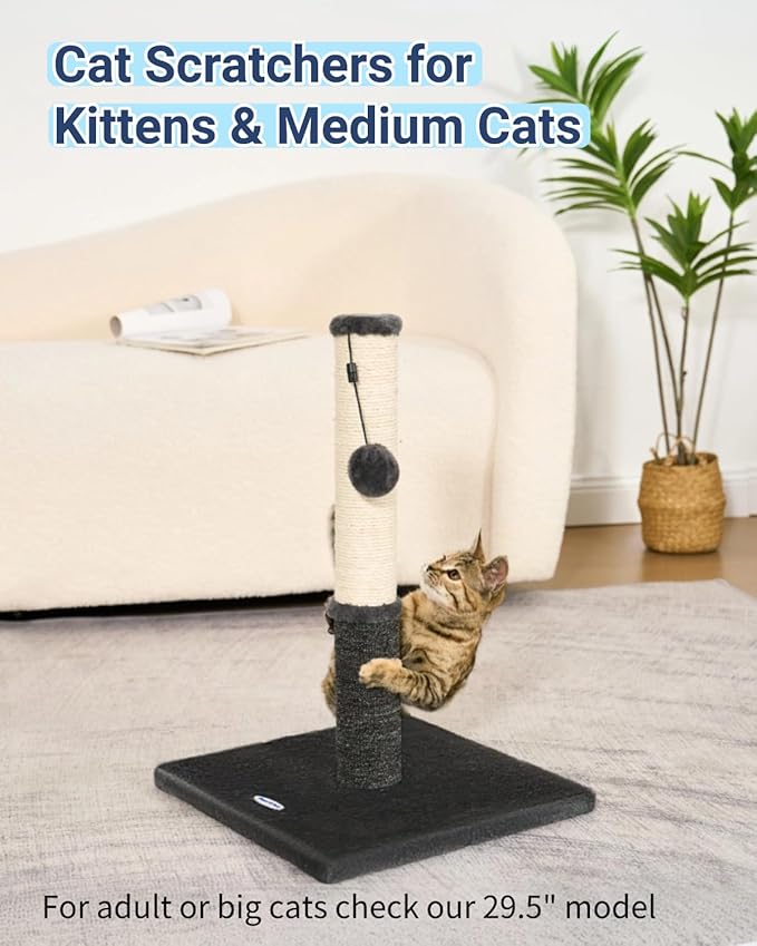 Happi N Pets Cat Scratching Post, Cat Scratcher for Indoor Cats, Sisal Scratching Post & Carpet Post in One, Stable Kitten Scratching Post with Replaceable Toy, Extra Free Toy, Smokey Gray