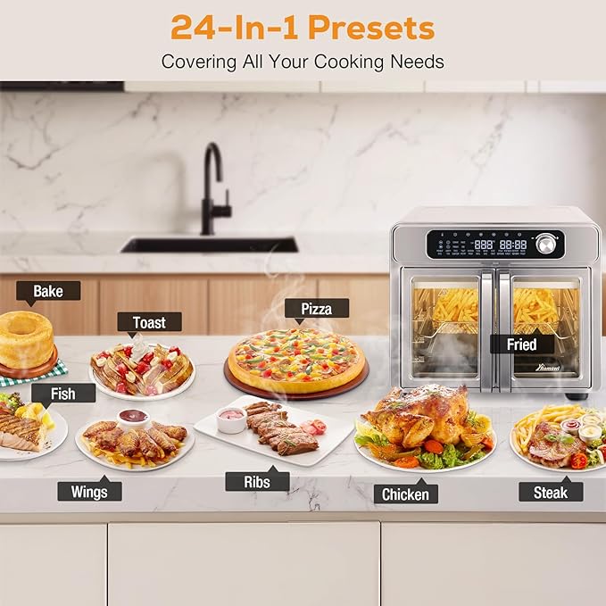 Romswi 26QT French Door Air Fryer Toaster Oven Combo, 24 Cooking Functions and Digital Controls, Fits 12" Pizza, 6 Slices of Toast, Rotisserie 6lb Chicken, 6 Accessories Included