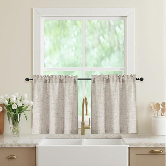 Linen Kitchen Curtains 24 Inch Length 2 Panels, Light Filtering Faux Linen Textured Short Curtains Tier for Windows, Small Curtain for Cafe Cabinet Bathroom Basement RV Camper, 30Wx24L Inch
