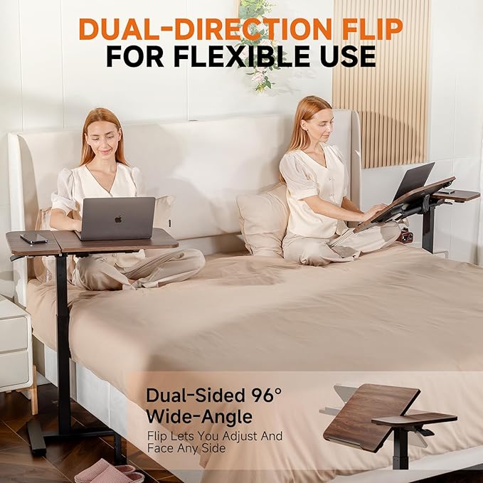 COMHOMA Tiltable Mobile Small Standing Desk, Pneumatic Adjustable Height Overbed Bedside Table with Wheels, Sit Stand Portable Rolling Laptop Desk Computer Workstations, Walnut