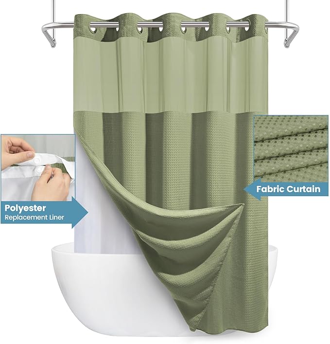 Sage Green Hotel Shower Curtain - 230GSM Waffle Textured Heavy Duty Thick Fabric Shower Curtains for Bathroom,71W x 74H