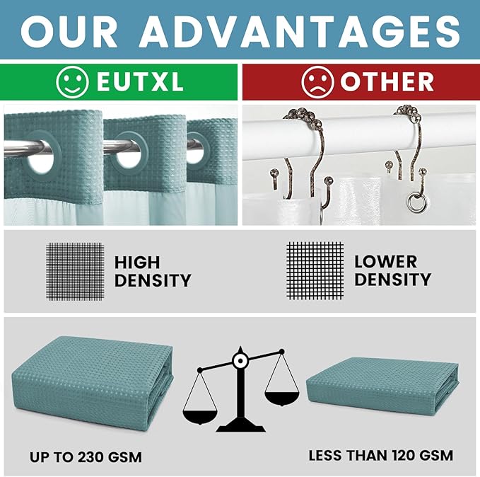 Teal Stall No Hook Shower Curtain with Snap in Liner,230GSM Waffle Weave Shower Curtains for Bathroom,54W x 80H