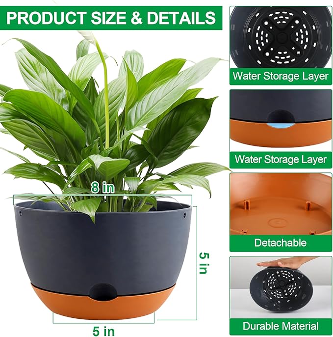 4 Pack Self Watering Pots for Indoor,8 Inch Plant Pot Outdoor Plastic Flower Pot with Drainage and Saucers(Grey)