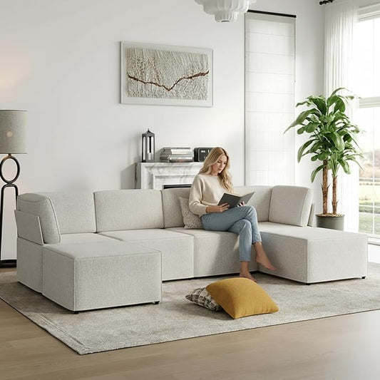 Mjkone 116'' Modular Sectional Sofa, 6-Seat Convertible U-Shaped/L-Shaped Deep Seat Couch with High Density Memory Foam Cushions, Ergonomic Backrests and 2 Movable Ottomans for Living Room, Beige