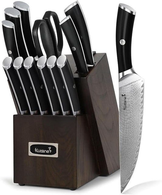 Damascus Knife Block Set,Sharp Knife Set,Ergonomic Non-slip Handle,Chef Knife Set with Built-in Sharpener,Luxury Gift for Holiday(Silver,14PCS)