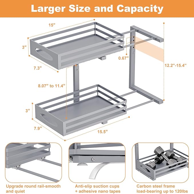 Under Sink Organizer, 2 Tier Under Sink Organizers and Storage, Adjustable Height, Slide Out Metal Cabinet Organizers, Pull Out Cabinet Storage Drawer Shelf for Kitchen Bathroom Gray, 1 Pack
