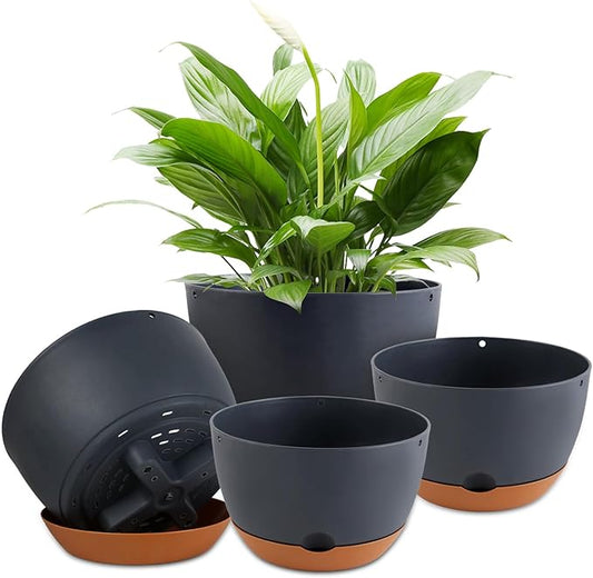 8/8/10/12 Inch Pots for Plants, 4 Pack Large Self Watering Pots for Indoor Plants with Drainage and Saucers, Plastic Outdoor Flower Pot(Grey)