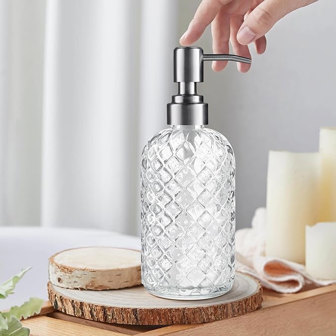 14 Oz Refillable Glass Soap Dispenser with Rust Proof Stainless Steel Pump, for Dispense Hand soap, Body wash, Lotion