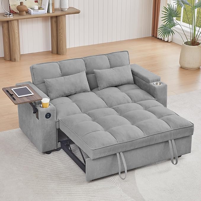 65'' Convertible Sofa Bed 3-in-1 Pull Out Couch, Folding Sleeper Sofa with 360° Swivel Side Table, Modern Chenille Fabric Futon, Small Space Living Room Furniture, Easy Assembly