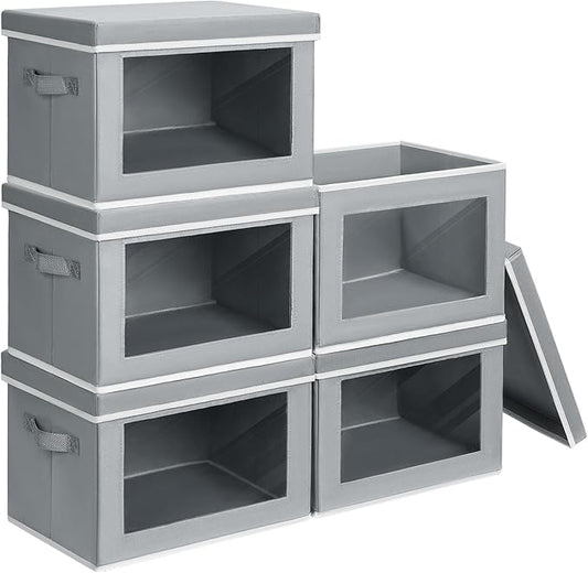 Large Storage Bins with Lids - Stackable Cube Bins for Closet, 5 Pack Clear Windows Fabric Organizer Bins, Home Organizers and Storage for Clothes, CD, Towels, Grey