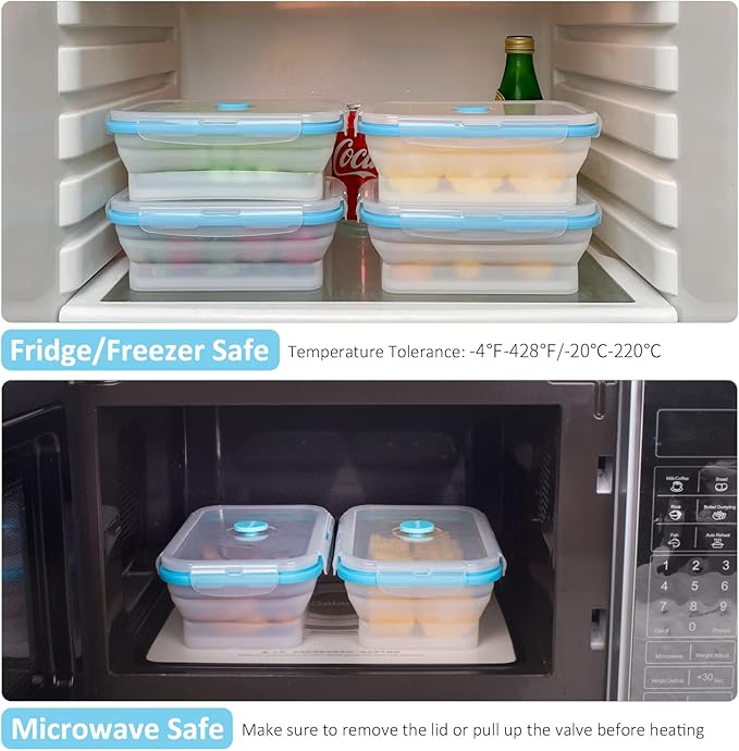 Collapsible Food Storage Containers with Airtight Lid & Vent, 27oz, Kitchen Stacking Silicone Collapsible Meal Prep Container Set for Leftover, Microwave Freezer Dishwasher Safe, Translucent, Set of 4