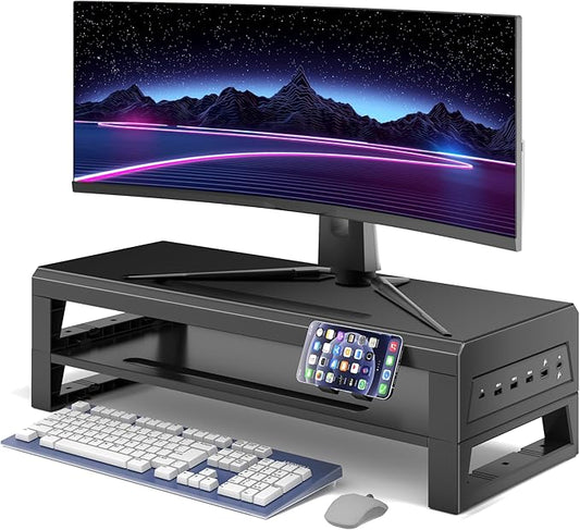 2-Tier Metal Computer Monitor Stand & Laptop Desk Shelf, 21.6 Inches, 22W Charging, 2 USB 3.0, 1 USB 2.0, Heavy Duty, Black, Metal