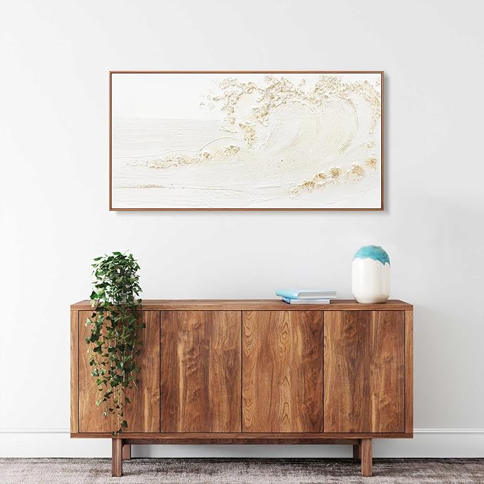 Wall Art Small Size Framed Home Artwork Decor Hand Painted White wave with golden embellishments Modern Canvas Painting For Living Room Decor For Bedroom Office Wall Decor 20"X 40"