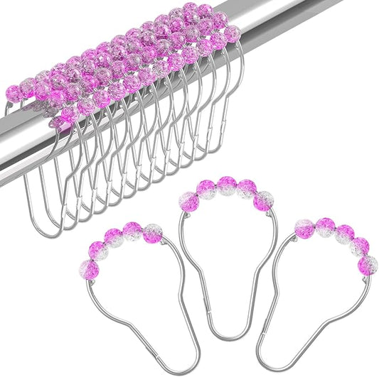 Amazer Pink Shower Curtain Hooks, Decorative Shower Curtain Hooks Smooth Glide, Shower Curtain Rings Rustproof Stainless Steel Shower Hooks for Pink Bathroom Decor 12pcs