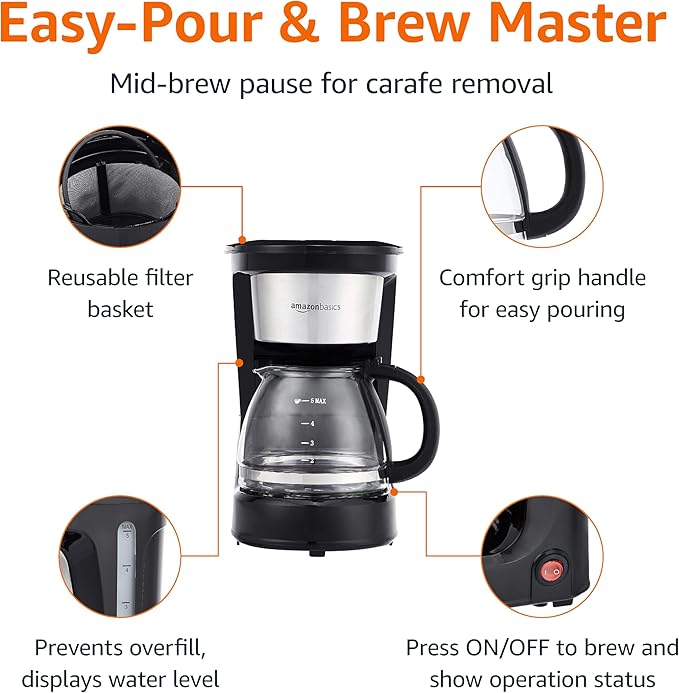 Amazon Basics Coffee Makers, 5-Cup Coffee Machines with Reusable Filter, Coffee Pots, Black & Stainless Steel