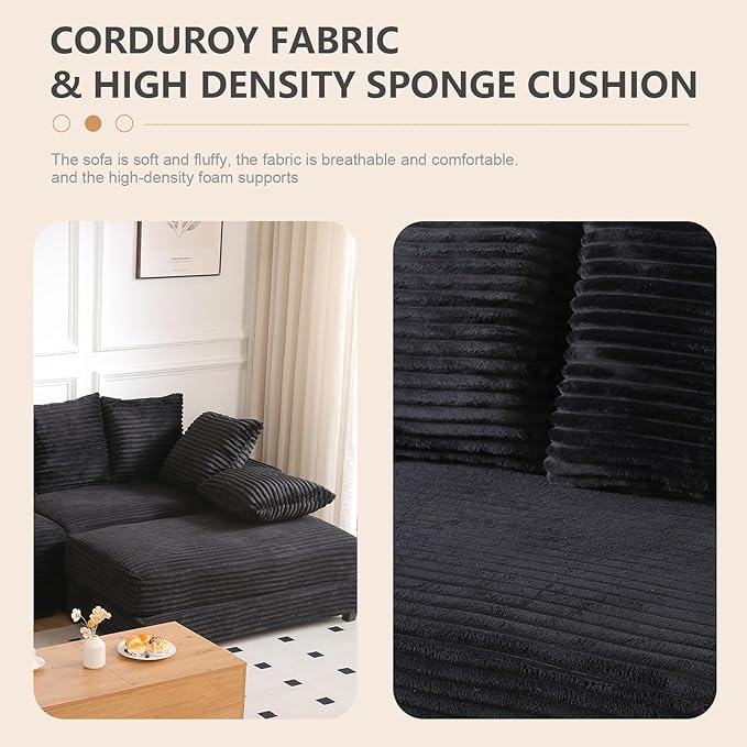 108" Oversized Sectional Sofa Modular Deep Seat Sofa Couch with Storage Ottoman, Comfy Upholstered Cloud Couches, Modern L-Shaped Corduroy Sofa Chaise with 8 Pillows for Living Room, Apartment, Black