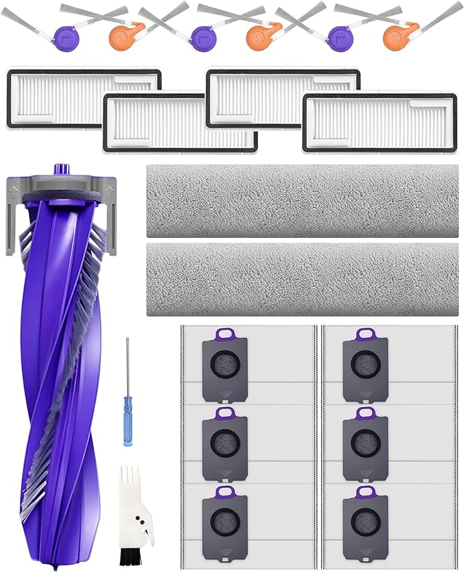 21 Pcs Replacement Parts for Narwal Flow Robot Vacuum Cleaner: 1 Main Brush, 4 Side Brushes, 4 HEPA Filters, 6 Dust Bags, 2 Track Mop Pads, 1 Cleaning Brush