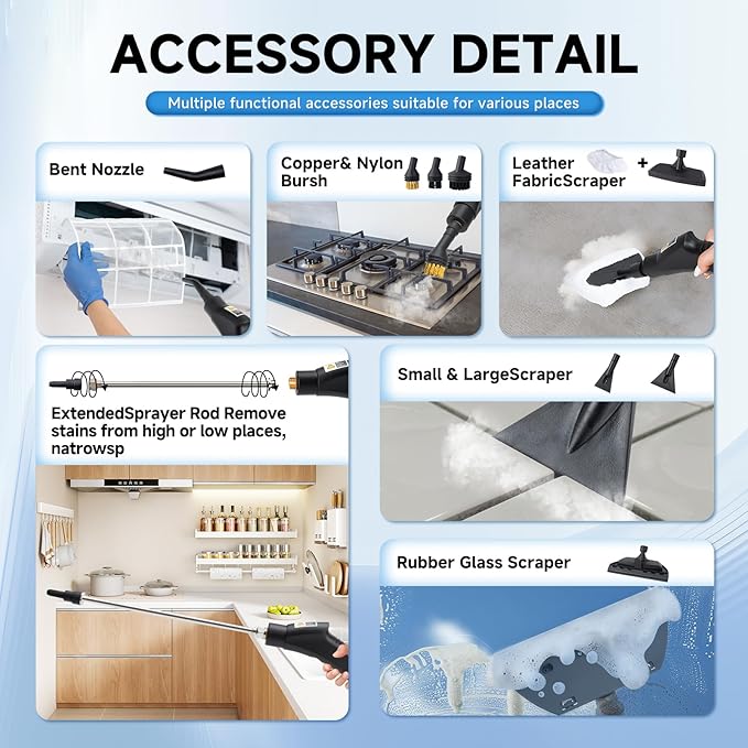 Steam Cleaner, 6-Level Adjustable Handheld Steamer Cleaning,1500W Steam Cleaner for Home, 15s Heat-Up, Portable Steamer for Cleaning Car, 40.58oz Tank, 10 Pcs Accessories for Grout, Couch, Furniture