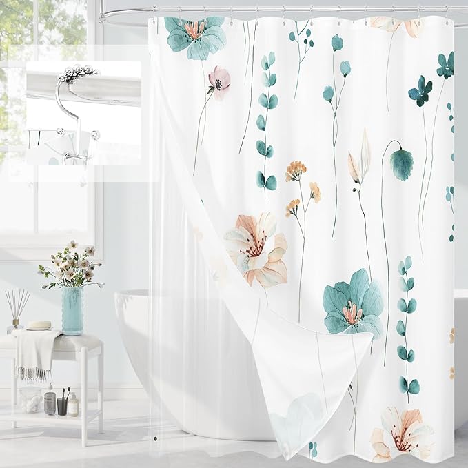 Gibelle 3 in 1 Shower Curtain Set, Teal Watercolor Floral Bath Curtain and PEVA Liner Set with 12 Double Sided Steel Hooks, Waterproof Fabric Bathroom Curtain 72x72