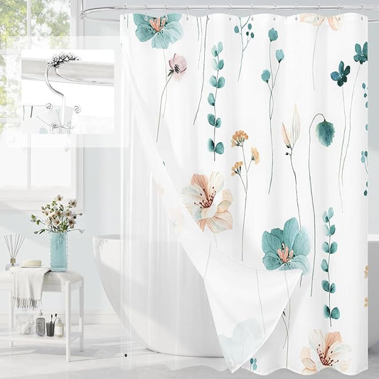 Gibelle 3 in 1 Shower Curtain Set, Teal Watercolor Floral Bath Curtain and PEVA Liner Set with 12 Double Sided Steel Hooks, Waterproof Fabric Bathroom Curtain 72x72