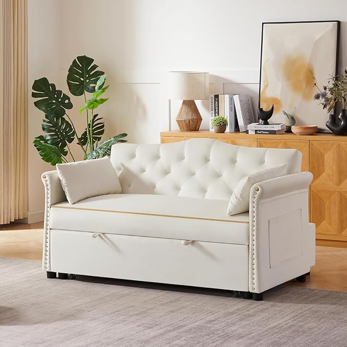 57'' Convertible Sleeper Sofa Bed with Adjustable Backrest, Chaise Lounge,2 Pillows & Side Storage Pockets – Stylish & Functional Furniture for Living Room or Small Spaces (White Sofa Bed)