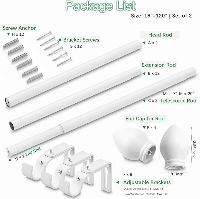 Curtain Rods for Windows 16 to 120 inches, Curtain Rod Max Adjustable Length to 132 in, Drapery Rod 1 inch Diameter with Modern Knobs Finials (White, 16" to 120" - Set of 2)