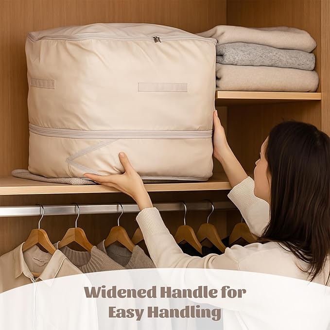 3 Pack 3-Layer Blanket Storage Organizer Comforter Storage Bag Large Capacity Compression Bags Washable Ultra Space Saving Self Organizer for Sweaters Sheets Clothes Pillow Beige