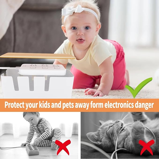 Cable Management Box-2 Pack Cable Organizer Box with 100PCS Cable Ties Set,Wood Lid,Cord Organizer for Desk,TV Wires,Computer USB Hub System to Cover and Hide & Power Strips & Cords for Home & Office