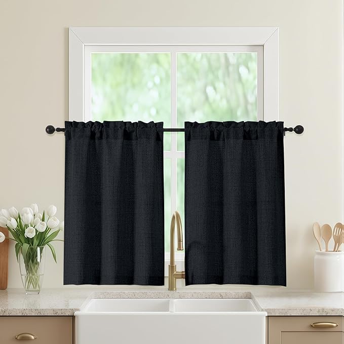 Black Kitchen Curtains 36 Inch Length 2 Panels, Light Filtering Farmhouse Faux Linen Textured Short Curtains for Windows, Small Curtain Tier for Cafe Cabinet Bathroom RV Camper, 30Wx36L Inch