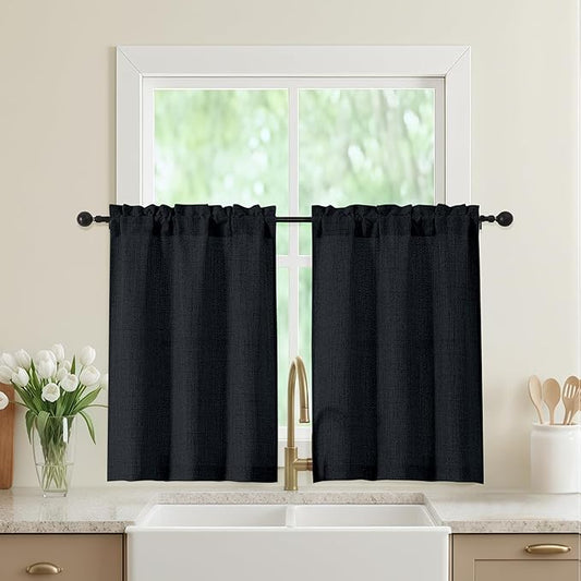 Black Kitchen Curtains 36 Inch Length 2 Panels, Light Filtering Farmhouse Faux Linen Textured Short Curtains for Windows, Small Curtain Tier for Cafe Cabinet Bathroom RV Camper, 30Wx36L Inch