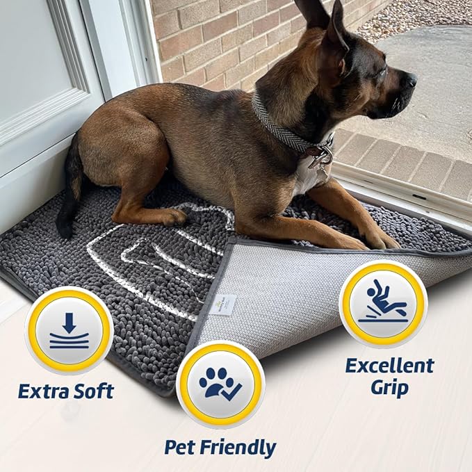 Muddy Mat® Pet Bowl Dog Door Embroidery Mat Super Absorbent Microfiber Indoor Outdoor mat for Muddy Paws, Non-Slip Washable Pet Rug, Quick Dry Chenille Entryway Carpet, Machine Washable – Grey 19”x30”