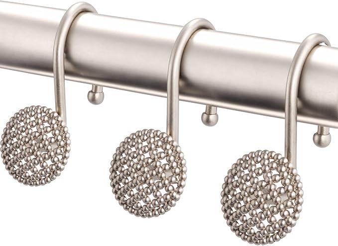 Pearlbee Nickel Shower Curtain Hooks, Rust Proof Shower Curtain Rings for Bathroom, Metal Shower Hooks for Shower Curtain Rod, Modern Decorative Shower Curtain Hangers Set of 12