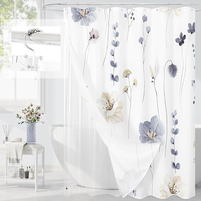Gibelle 3 in 1 Shower Curtain Set, Grey Watercolor Floral Bath Curtain and PEVA Liner Set with 12 Double Sided Steel Hooks, Waterproof Fabric Bathroom Curtain 72x72