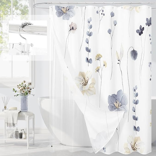 Gibelle 3 in 1 Shower Curtain Set, Grey Watercolor Floral Bath Curtain and PEVA Liner Set with 12 Double Sided Steel Hooks, Waterproof Fabric Bathroom Curtain 72x72